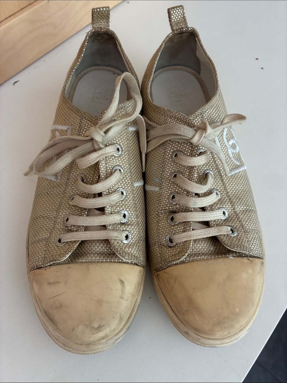 CHANEL Gold Glitter Low-Top Sneakers with White Laces